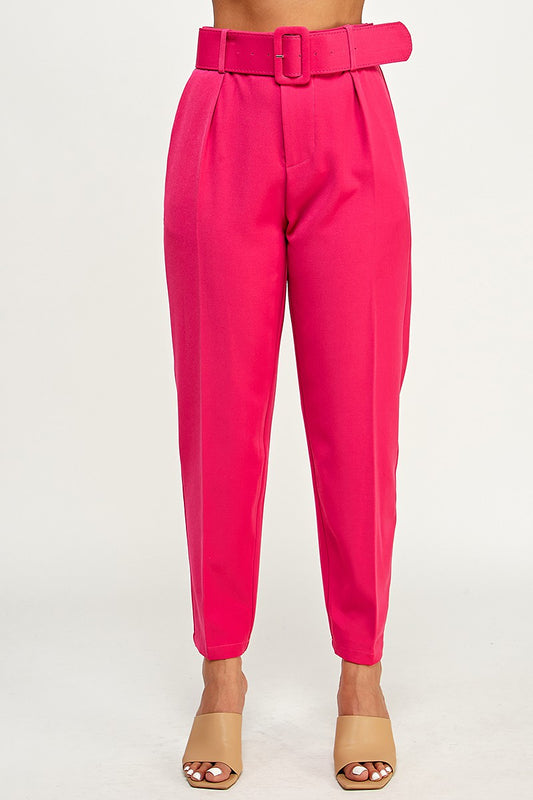 Pink pants with belt.